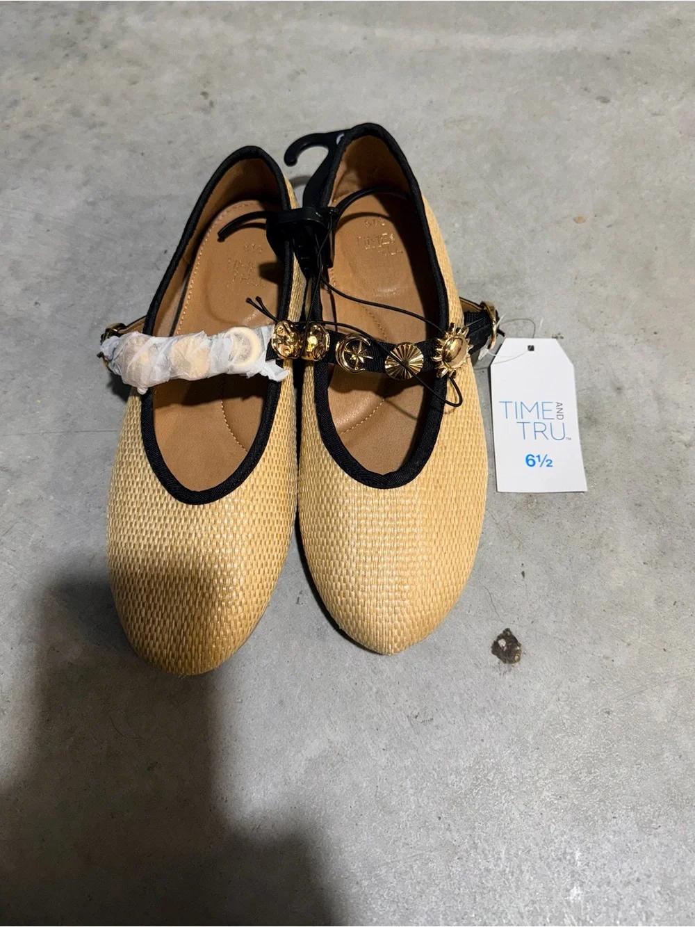 Time and Tru Beige Straw Ballet Flats with Black Trim and Gold Accents